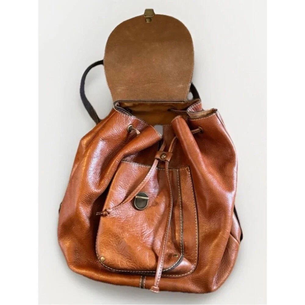 Patricia Nash Alencon Leather Backpack Cognac Drawstring Rucksack Handbag EUC